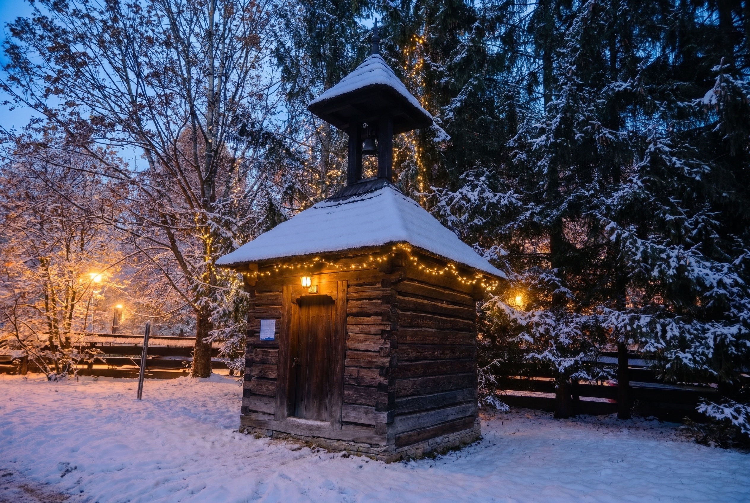 Weihnachtsmärkte in Mähren 2026: 13 schönste Orte 17 Hölzernes Städtchen in Rožnov pod Radhoštěm in der Dämmerung