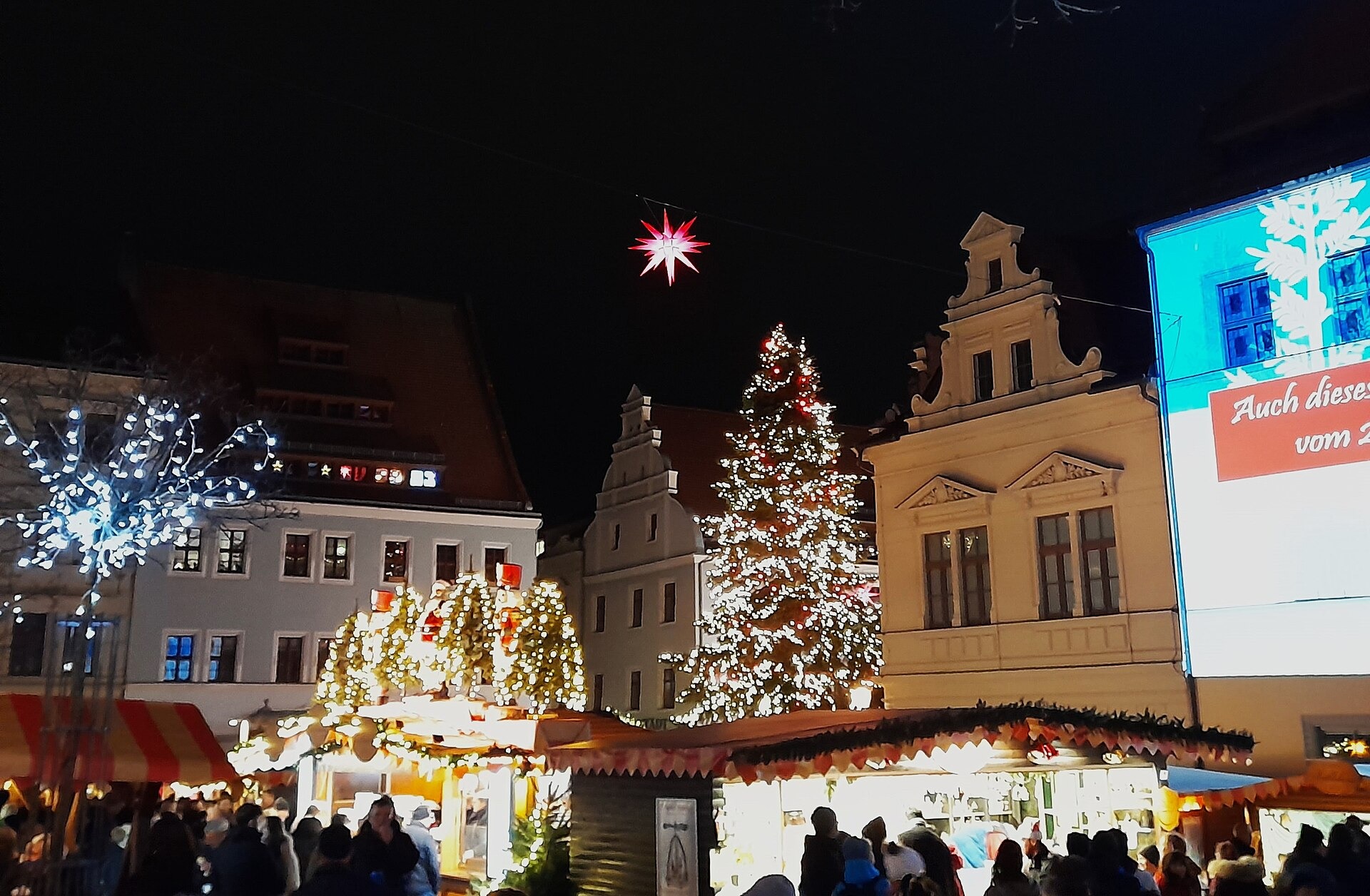 Weihnachtsmärkte in Deutschland an der Grenze 2026: von Pirna bis Passau 1 Canalettomarkt in Pirna am Abend mit Weihnachtsbaum