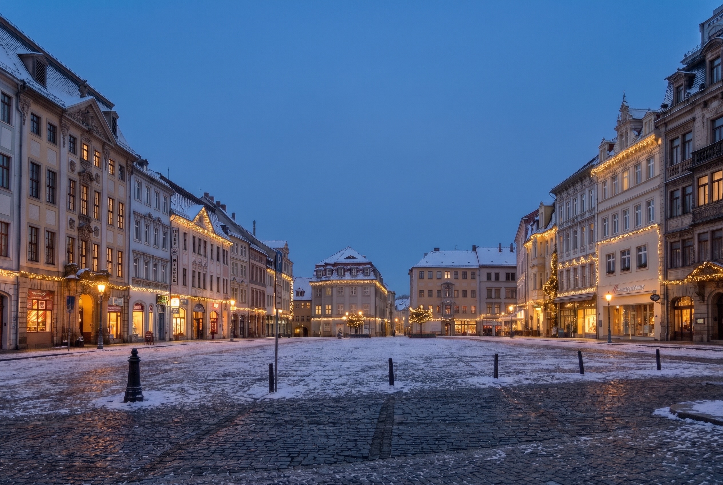 Mercados de Navidad de Zittau 2026: fechas, tren y aparcamiento 3 Calle en el centro de Zittau con escaparates iluminados